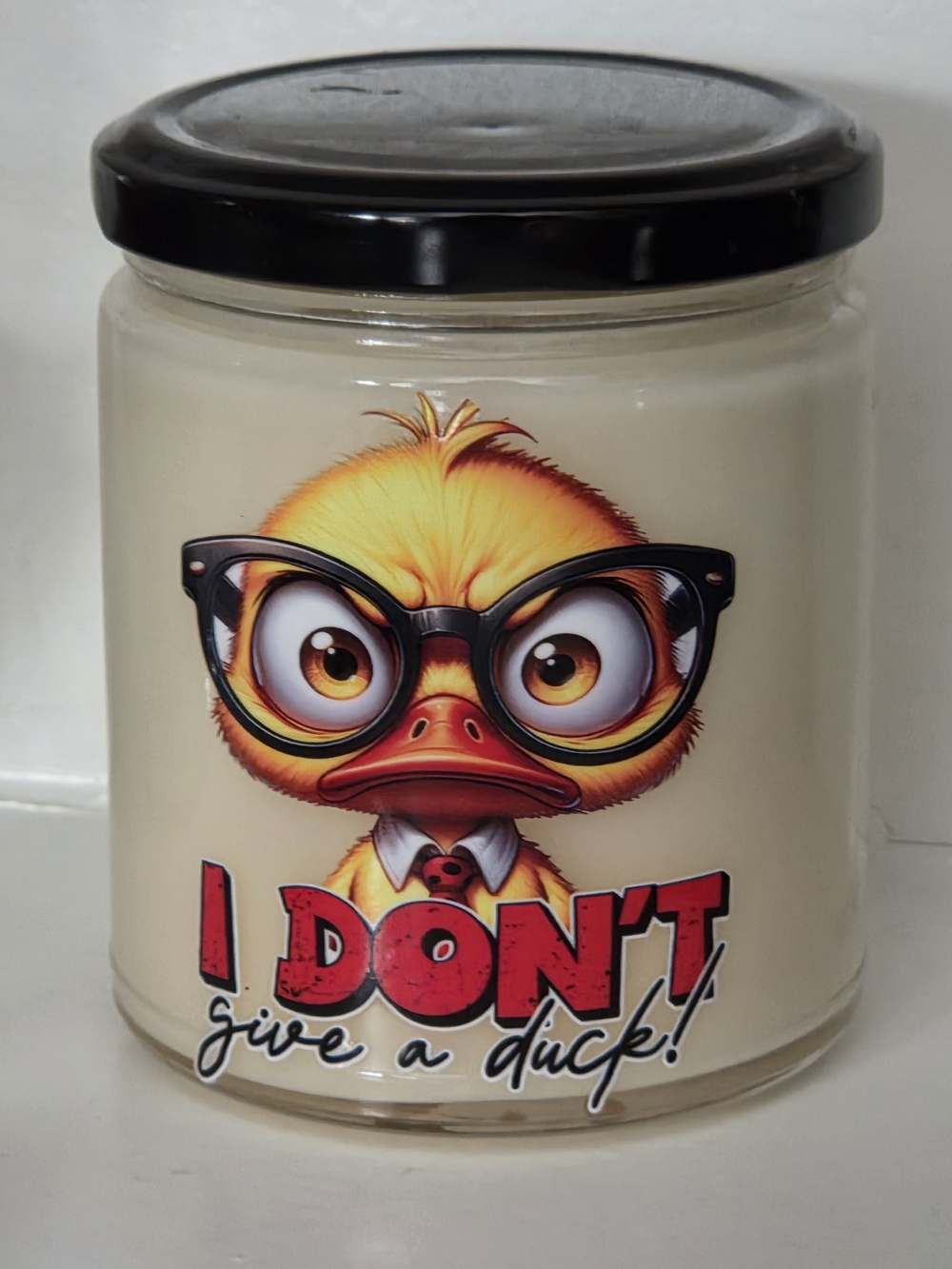 Novelty Duck Graphic Candle - Cream Jar with Black Lid